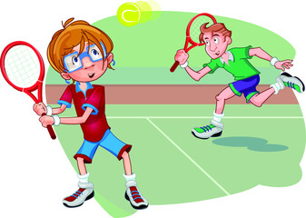 Fototapeta na wymiar Tennis court. The boys are playing tennis. The boy in the red shirt. Strikes the ball.