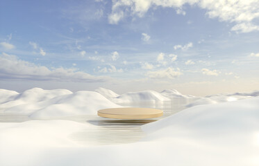 Abstract Winter landscape scene with a podium for product display. 3d rendering.