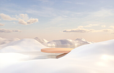 Fototapeta na wymiar Abstract Winter landscape scene with a podium for product display. 3d rendering.