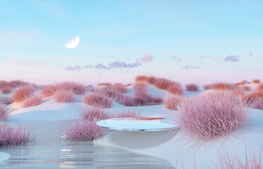Abstract Winter landscape scene with a podium for product display. 3d rendering.