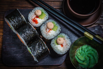 Sushi- delicious menu Fastfood- restaurant concept