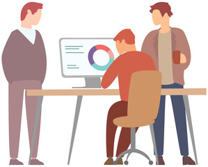 Manager makes presentation of statistical report analysis charts. Planning business. Teamwork consulting for project management, financial reporting and strategy. Data analysis research statistics