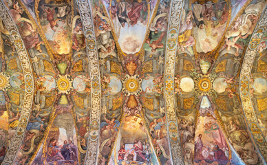VALENCIA, SPAIN - FEBRUAR 17, 2022: The baroque ceiling fresco in the church Iglesia San Nicolas by Antonio Palomino and Dionis Vidal (1700).