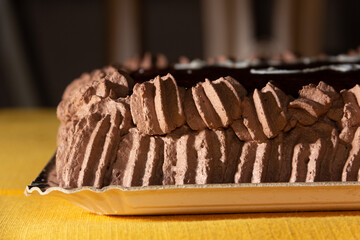 Chocolate cake. Sweet dessert. Celebration. Copy space. Selective focus.