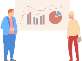 Manager makes presentation of statistical report analysis charts. Planning business. Teamwork consulting for project management, financial reporting and strategy. Data analysis research statistics