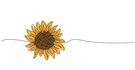 Continuous one line drawing of sunflower. Floral minimalist linear design isolated on white background. Trendy vector illustration - obrazy, fototapety, plakaty