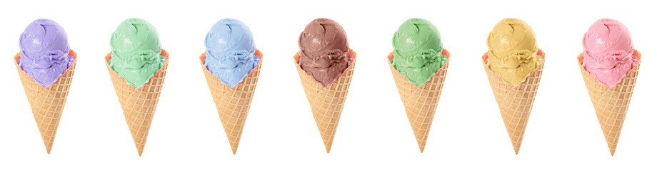 Set with different tasty ice creams in wafer cones on white background. Banner design