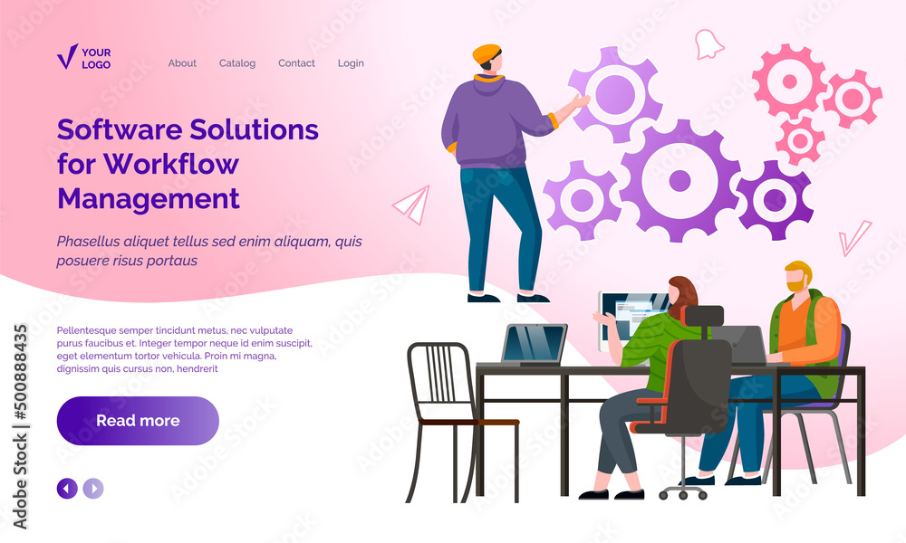 Poster software solutions for workflow management concept. website landing page template flat style. busine
