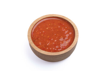 Sukiyaki sauce in a wooden cup on a white background.