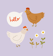 Easter concept design with hens, plants and lettering. Hand-drawn vector chickens, isolated on beige background. Spring season concept, Easter, nature.