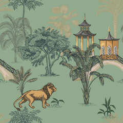 Tropical ink drawn palm trees,  lion animal, pagoda summer seamless pattern. Safari wallpaper. - obrazy, fototapety, plakaty