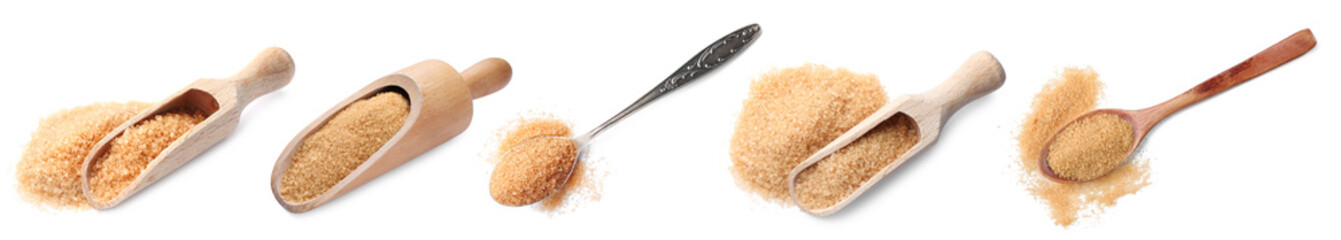 Brown sugar in wooden scoops and spoons on white background, banner design