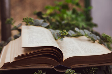 Still life of open book and flowers