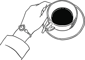 Hand with Hot Coffee cup Hand drawn Line art Illustration