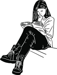 Woman reading book Campus student People Lifestyle Hand drawn Line art Illustration