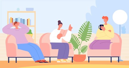 Reading club. Students prepare exam together. Friends read book, meeting at home. People discuss, relax and drink coffee. Man woman have break, vector scene