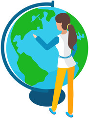 Woman examining globe and choosing location for vacation. Planning trip, travel with model of planet. Lady looks at layout of planet Earth with continents and water. Girl standing near world globe