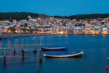 Fototapeta na wymiar Mytilene City night view from sea in Lesvos Island. Mytilene is the biggest city in Lesvos Island.