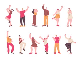 Different happy people. Success person, welcome yeah and okay emotions. Thumb up, isolated businessman celebrate win. Positive kicky students vector set