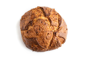 Fresh homemade golden grain bread with wheat and rye isolated on white, top view, close up.