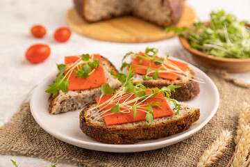 Grain bread sandwiches with red tomato cheese and microgreen on gray, side view, selective focus.