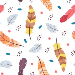 Feather seamless pattern. Color feathers print, pastel rustic decorative ornament. Bohemian tribal background. Cute boho style scandinavian decent vector texture