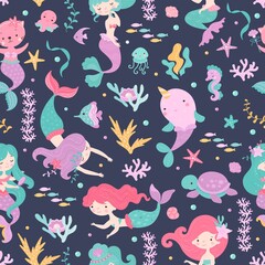 Mermaid seamless pattern. Narwhal and turtle, cartoon cat with fish tail. Cute sea creature, fabric print with beautiful mythical creatures, nowaday vector background