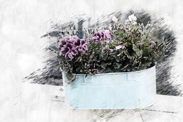 flowers in a blue pot in a garden in pencil drawing style