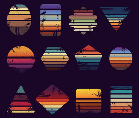 Sunrise vintage prints. Grunge sunset logo diverse shapes. Vintage california beach retro labels, 80s 90s surf beach t-shirt neoteric vector stickers - obrazy, fototapety, plakaty