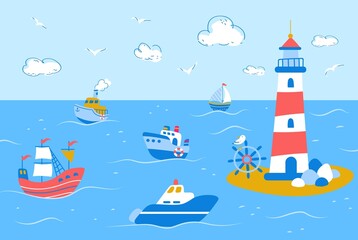 Cute ship and cruiser in ocean landscape. Cartoon sailboat trip and lighthouse. Horizontal childish background, nowaday sea adventures vector banner - obrazy, fototapety, plakaty