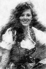 portrait of woman wearing a bavarian dirndl in pencil drawing style