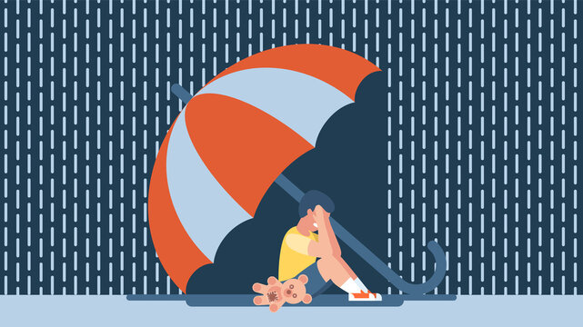 Protect children from danger. Child protection concept. Little boy sitting on the floor and crying. Child care. The umbrella protects the child from the storm. Flat design. Vector illustration.