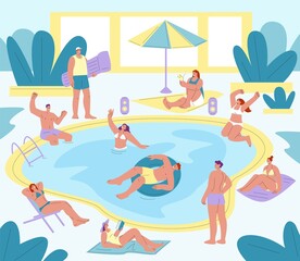 Obraz na płótnie Canvas Swimming pool party. Friends relax together at summer club, drinking, reading and swimming. People play, kicky teens holiday vacations vector scene