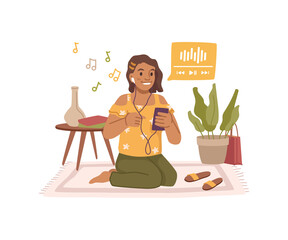 Girl listening music on smartphone using headphones. Vector flat cartoon character enjoying tablet or mobile phone, recreation and leisure for teenager. Resting and relaxing female kid