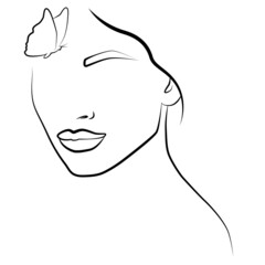 A face with a butterfly. Continuous face line, face painting, fashion concept, minimalistic female beauty. Beautiful vector illustration. A modern portrait.