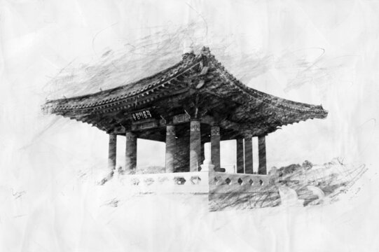 old korean temple in a pencil drawing style