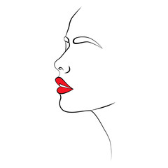 Beauty black silhouette, a woman's face with red lips. Linear art, female face. Beauty salon icon. The concept of beauty.