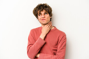 Young caucasian man isolated on white background suffers pain in throat due a virus or infection.