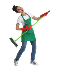 African American woman with green broom singing on white background