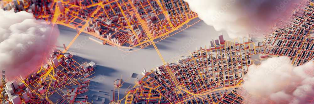Aufkleber scattered clouds on the mega city; urban and futuristic technology concepts, original 3d rendering