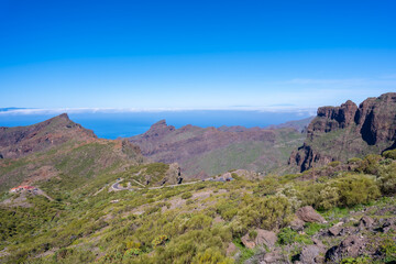 Looking at the canyon the mountain municipality of Masca from above in the north of Tenerife, Canary Islands