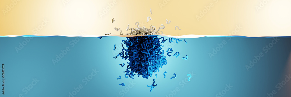 Poster floating iceberg made by infinite question marks; question and doubt concepts. original 3d rendering