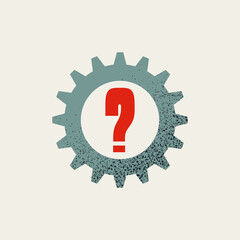 Find solution, business vector concept. Big question mark and gear. Creativity, challenge symbol. Minimal illustration