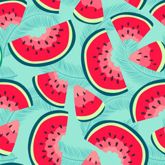 Vector watermelons hand drawn seamless pattern. Cute summer fresh fruits print. Watermelon red slices with seeds repeat texture on green palm background for wallpaper, fabric design, decor, textile