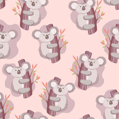Seamless pattern with cute koala baby on color background. Funny australian animals. Card, postcards for kids. Flat vector illustration for fabric, textile, wallpaper, poster, paper
