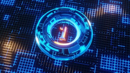 3D Rendering. Neon bright glowing countdown timer from 10 to 0 seconds. Digital Tech clock timer of glowing led Blue digits background. Big 3D Numbers animated for intros. Circle rotating