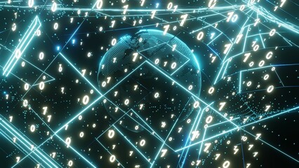 3D Rendering. Artistic infographics binary numbers tunnel and Earth globe rotation. Technology Network Data Connection, Digital Data Network, Cyber Security Concept