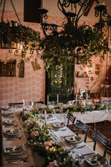 Decoration for special occasions. Beautiful table decoration with flowers. Rustic decoration. Wedding decoration.