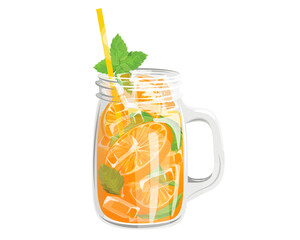 Lemonade in a jar with orange slices, mint leaves and ice cubes.Juice, cocktail with a straw.Vector illustration for cafes, menus, banners, web ads, websites.