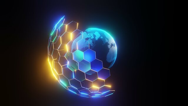 3D Rendering. Digital Planet. Blue Glowing Hexagonal Mesh. Global Network And Communication Concept. Earth Globe Business High Tech Background